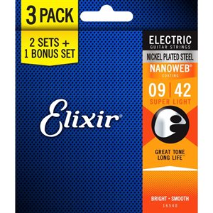 ELIXIR - 16540 - Nanoweb Coated Electric Guitar Strings Super Light 9-42 - 3-Pack