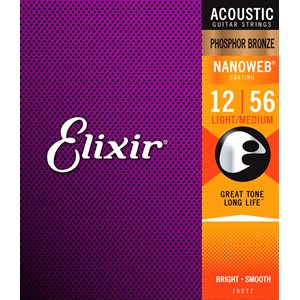 ELIXIR - 16077 - Cordes de guitare acoustique Phosphor Bronze Nanoweb Light-Medium 12-56