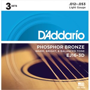 D'ADDARIO - EJ16-3D - Cordes de guitare acoustique - 12-53 - 3 pack