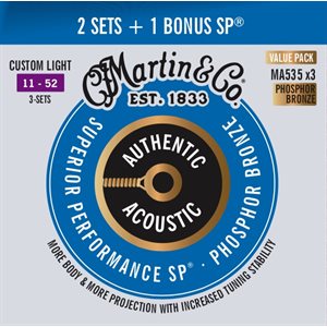 MARTIN - MA535PK3 - Cordes de guitare acoustique Authentic SP - Phosphor Bronze - 11-52 - 3 Pack