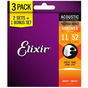 ELIXIR - 16544 - Cordes de guitare ACOUSTIQUE AVEC REVÊTEMENT NANOWEB - paquet de 3 - 11-52